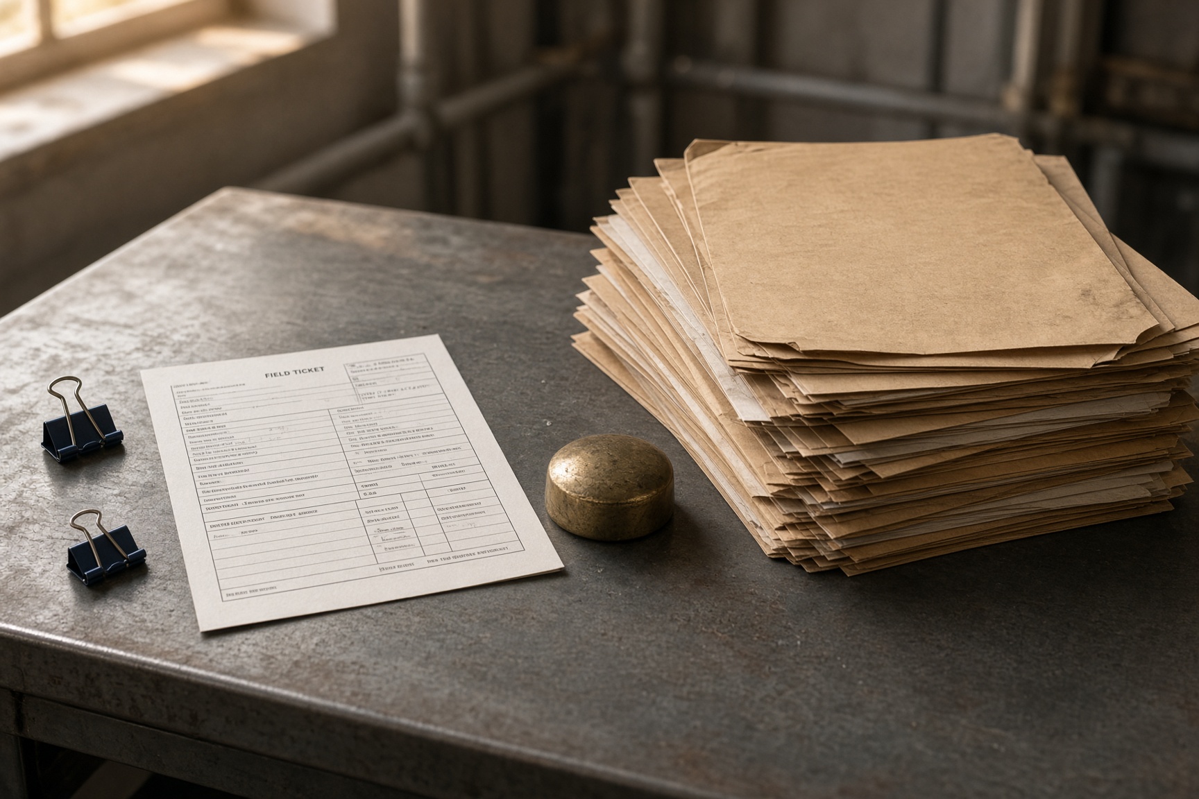 Work packets stacked on a steel office desk
